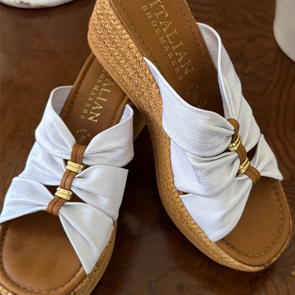 Italian Shoemakers White and Tan Espadrille Wedge Sandals